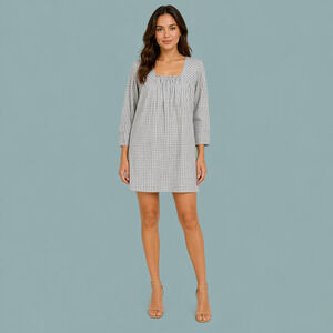 Malia Mills Size 4 Gray White Plaid Square Neck 3/4 Sleeve Cotton Mini Dress